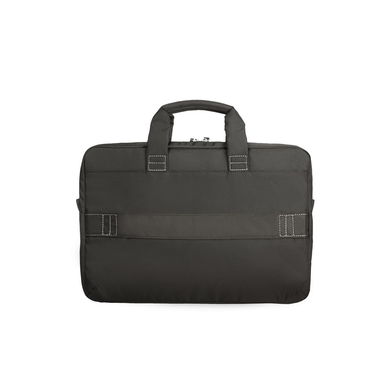 Zwarte laptoptas met handvat en riem, geïsoleerd tegen een witte achtergrond, eenvoudig ontwerp.