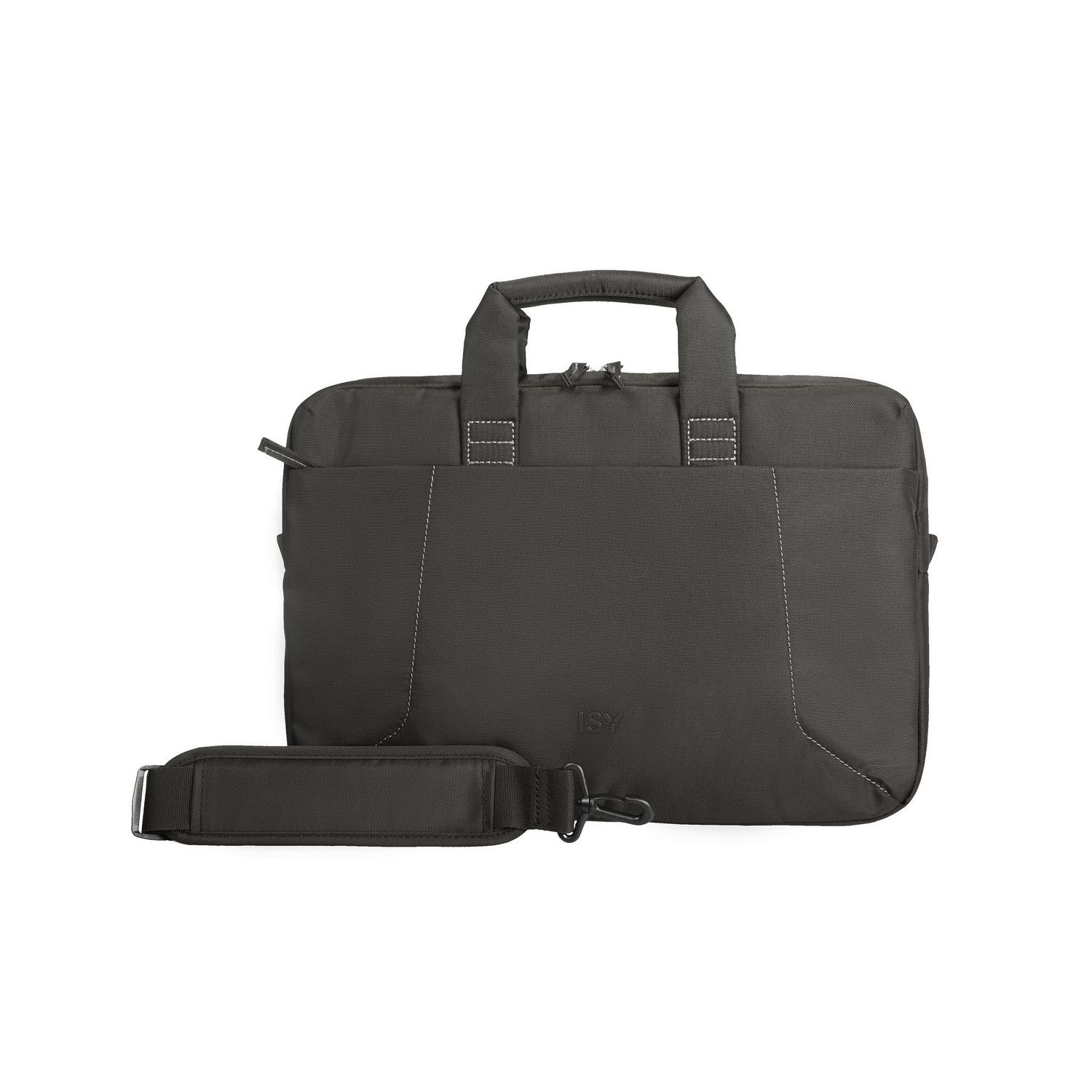 Zwarte laptoptas met handvat en schouderriem. Witte stiksels en ISY-logo.
