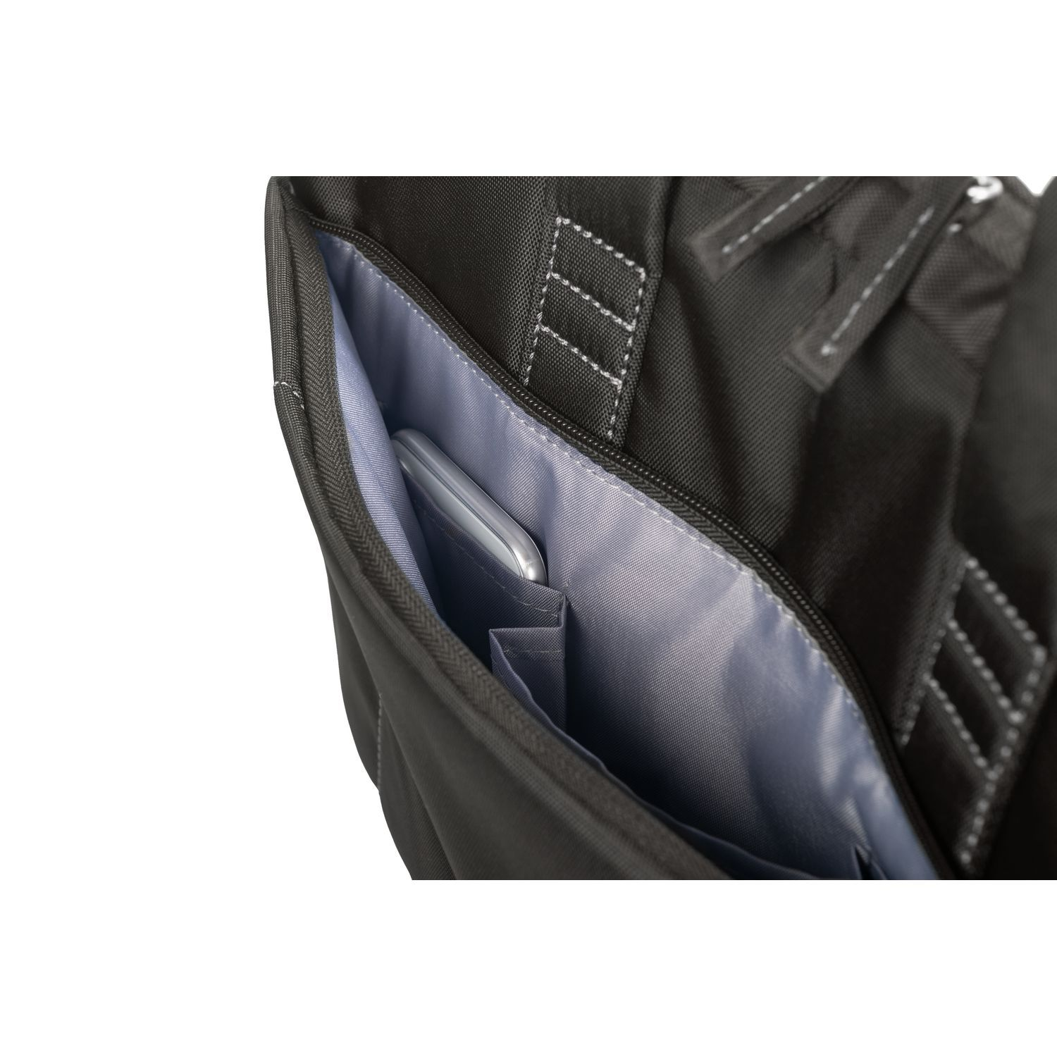 Zwart messengerbag interieur met een telefoon in een zak.
