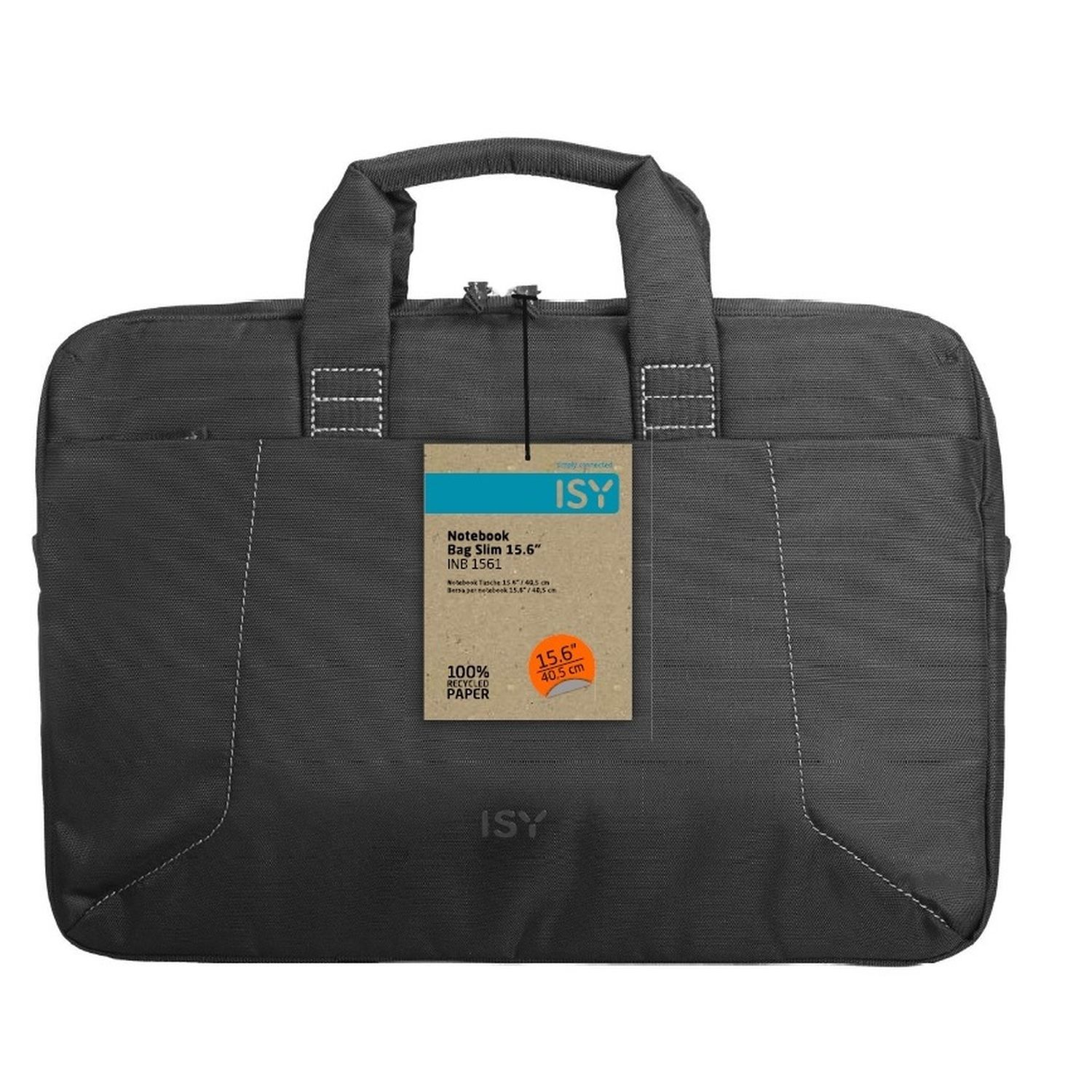 Zwarte laptoptas met handvat en label. Merknaam: ISY.