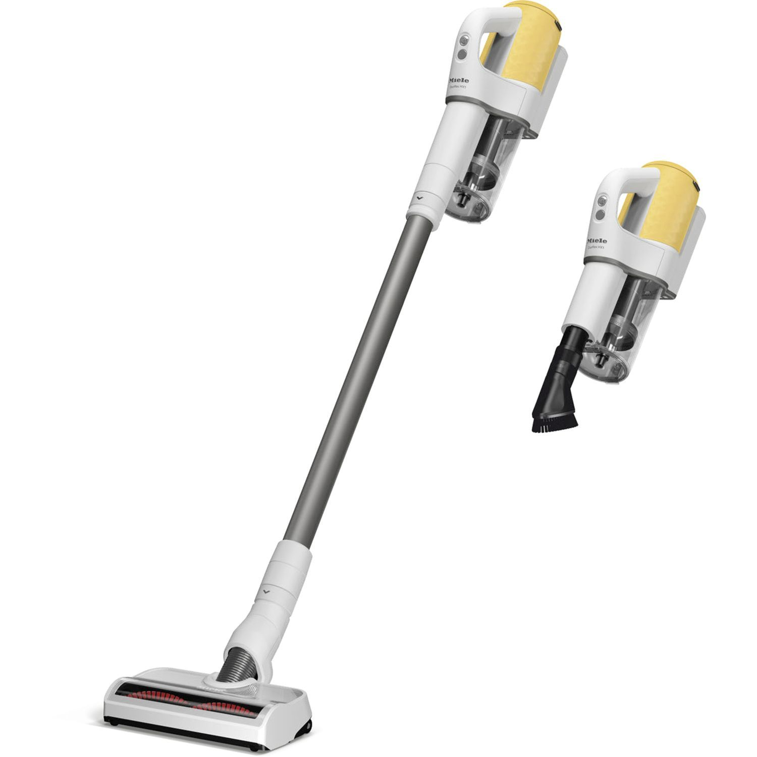 Two white and yellow cordless vacuum cleaners. One is fully assembled; the other has a small brush attachment.