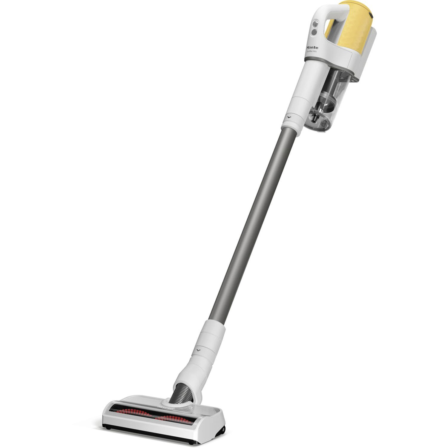 White and yellow Miele vacuum cleaner, standing upright.