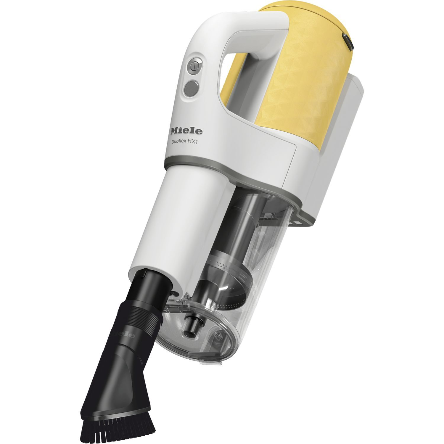 White and yellow handheld vacuum cleaner with a brush attachment.