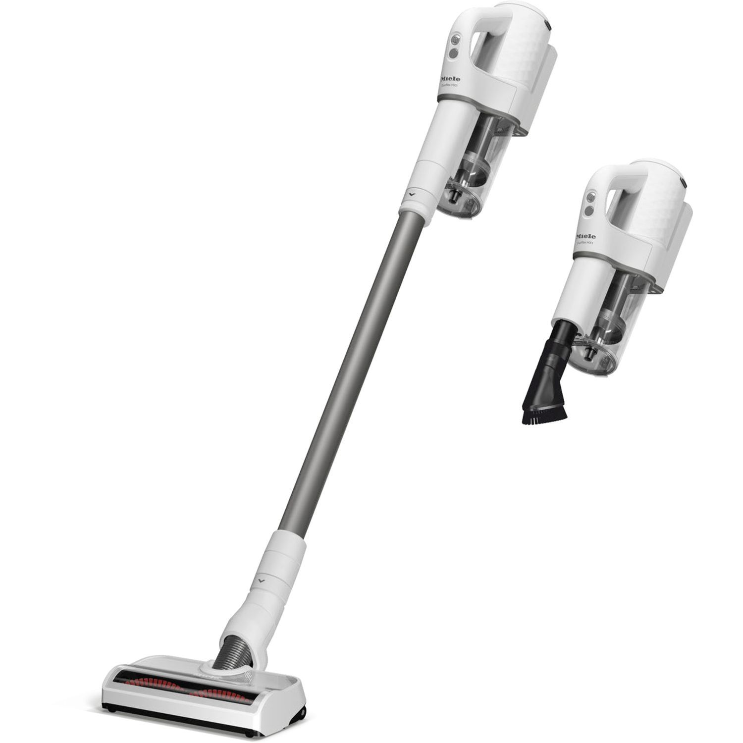 Aspirateur sans fil blanc avec deux parties montrées. L'une est entièrement assemblée, l'autre est un gros plan.