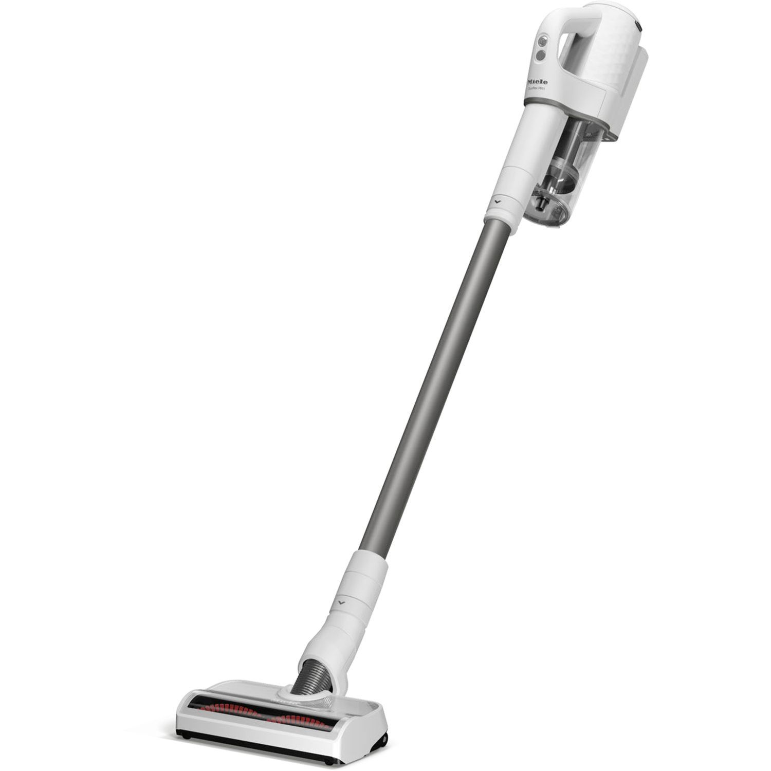 Un aspirateur sans fil blanc sur fond blanc.