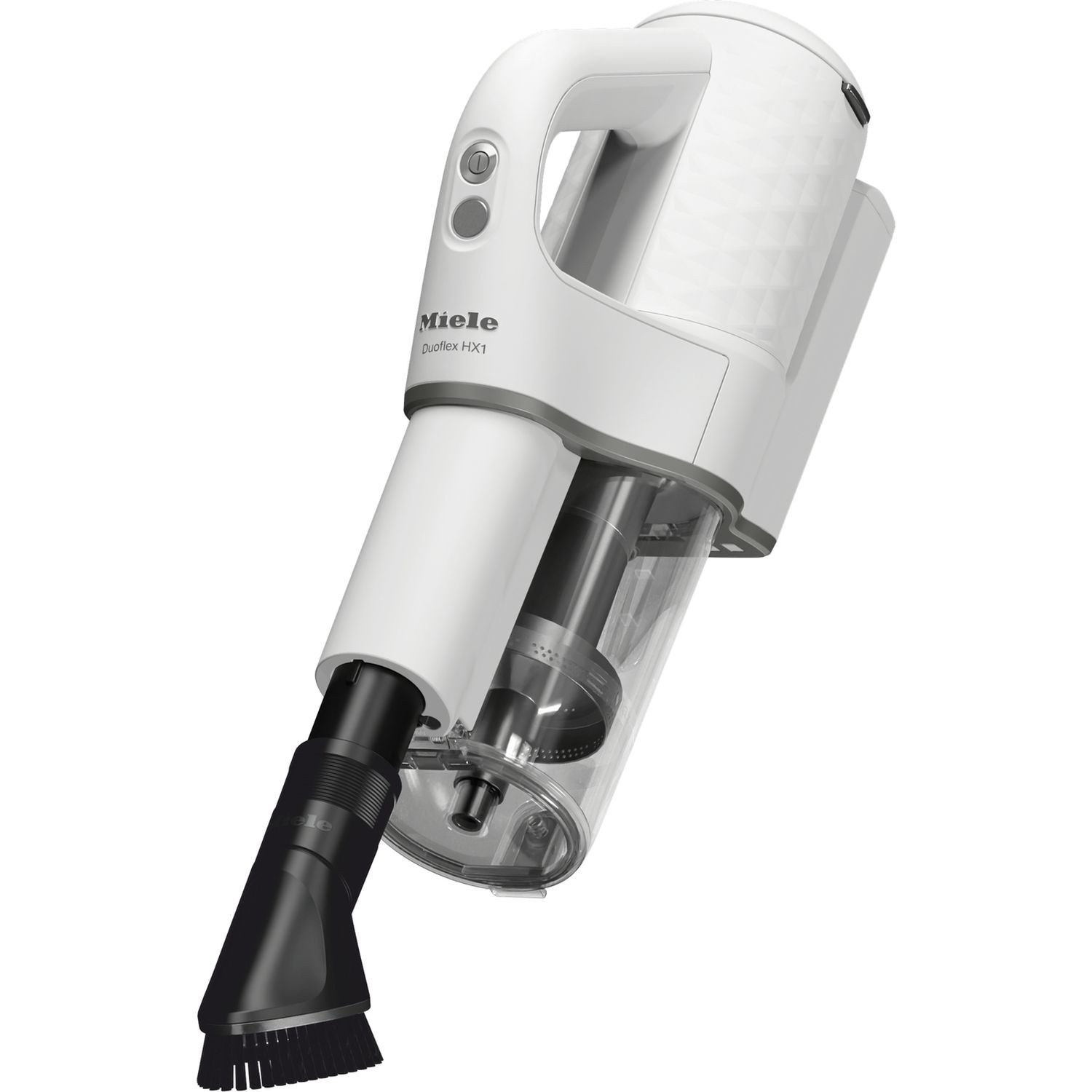 Un aspirateur à main blanc avec une buse et des accessoires noirs.