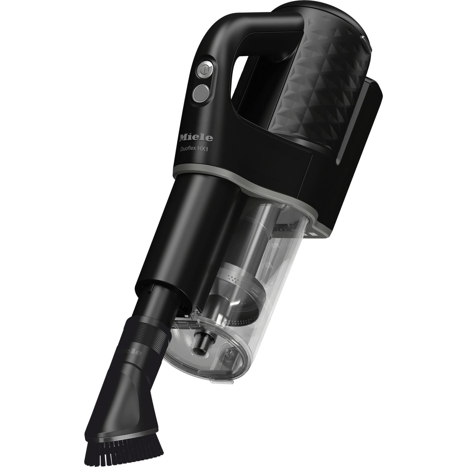Een zwarte handheld stofzuiger, schuin, met de details van de mond en handgreep.