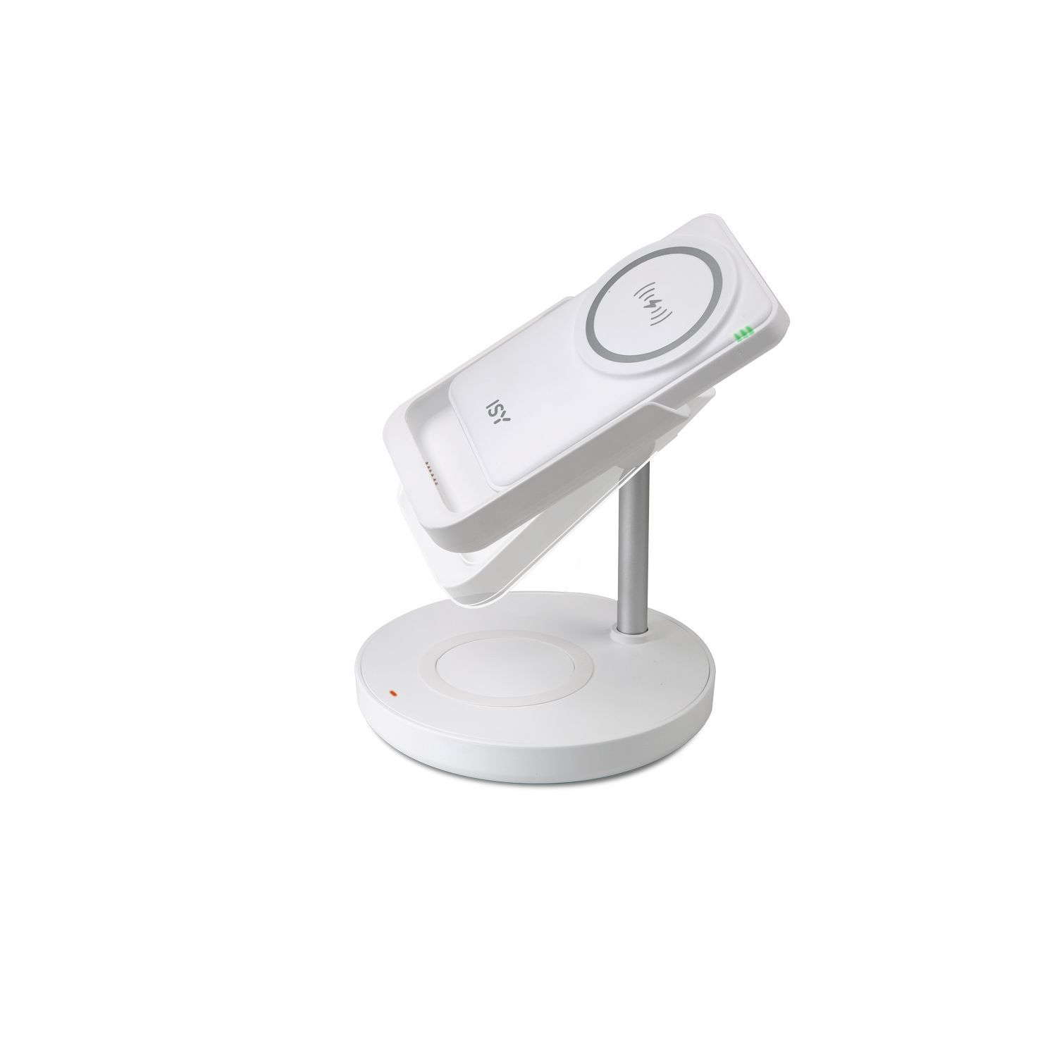 Un socle de chargement sans fil blanc avec un téléphone. Le socle a une base circulaire et un socle de chargement incliné.