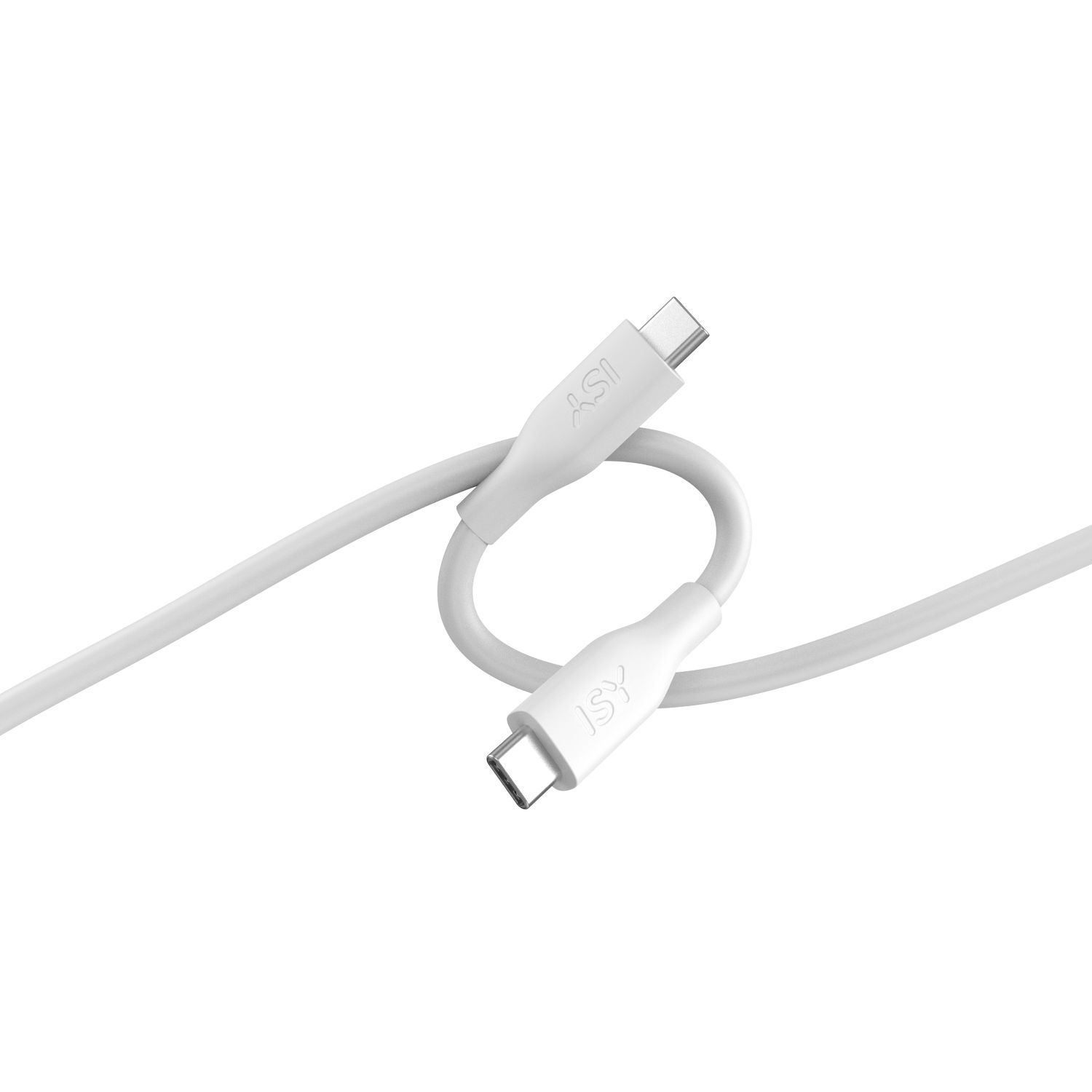 Câble USB-C blanc, enroulé et courbé, avec la marque 'ISY' sur les connecteurs.