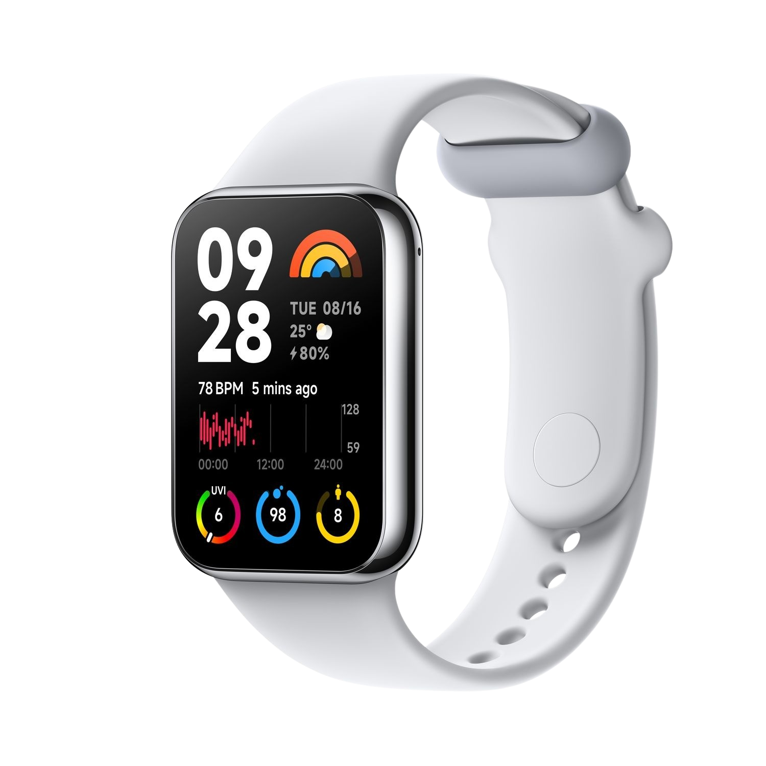 Une montre intelligente blanche avec un bracelet blanc, affichant l'heure et les données de santé.