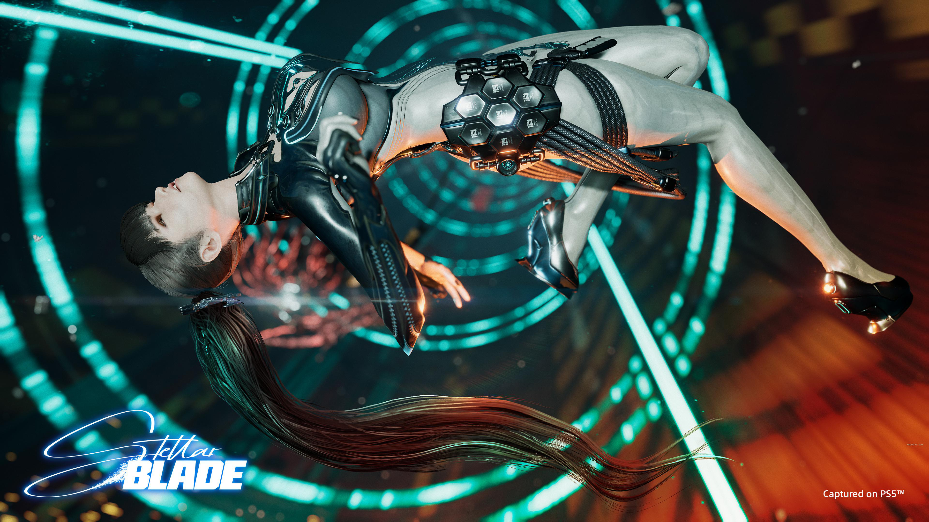 Eine Frau in futuristischer Kleidung in dynamischer Pose in einer lebendigen Umgebung.