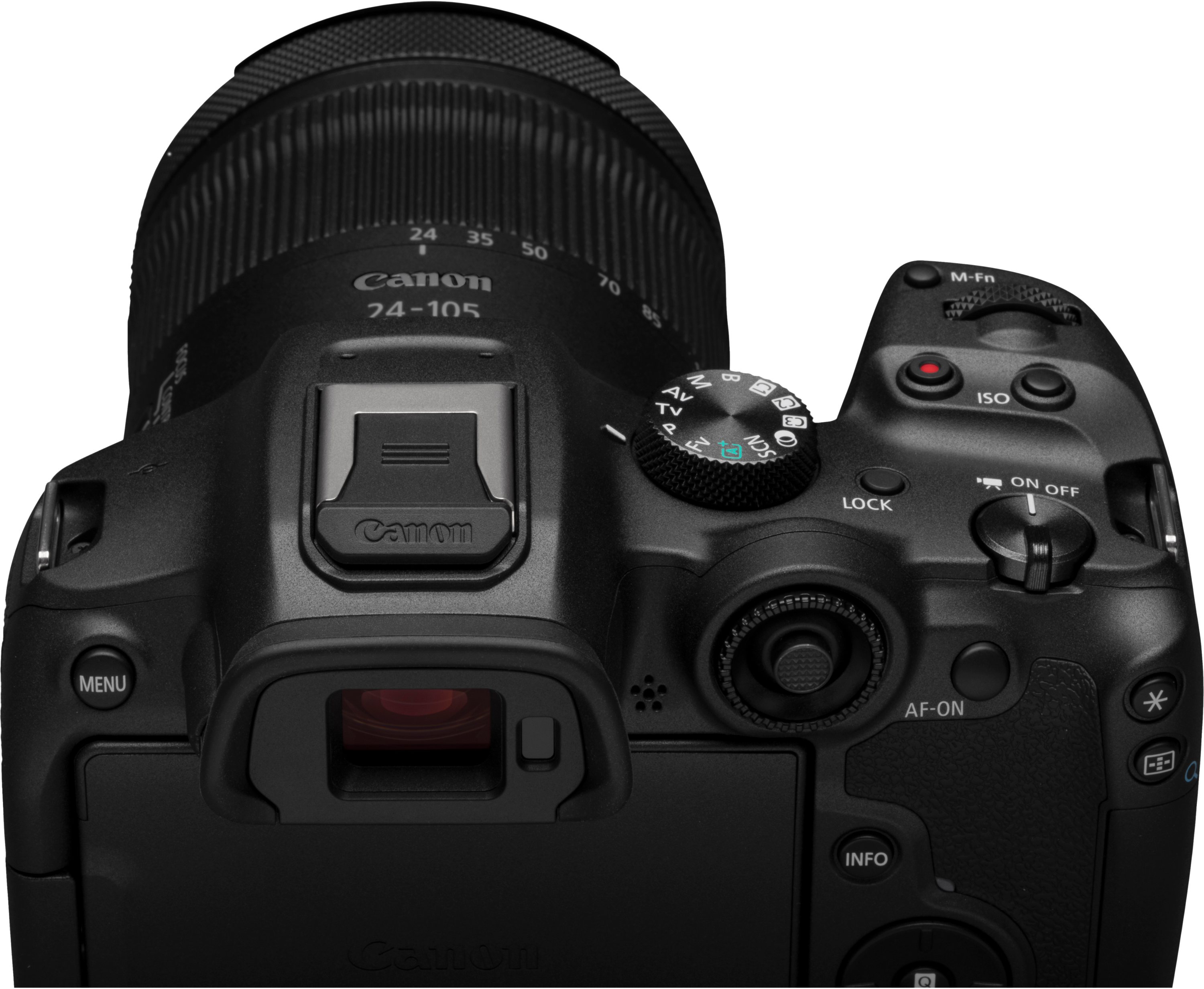 Gros plan d'un appareil photo Canon. Le dessus montre des cadrans, des boutons et le logo Canon.