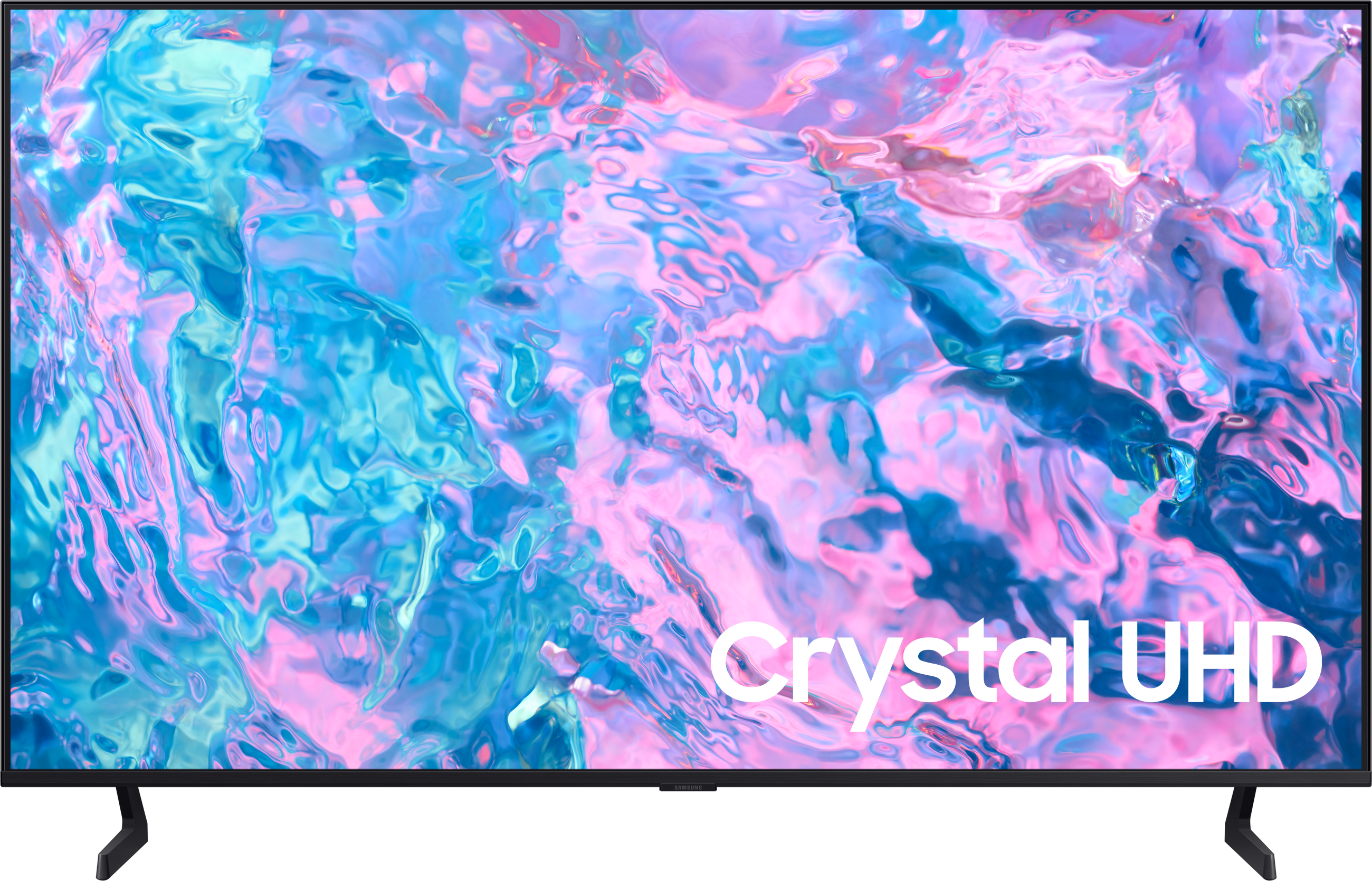 Nagy Samsung Crystal UHD TV élénk, absztrakt színmintát jelenít meg. Szöveg: Crystal UHD.