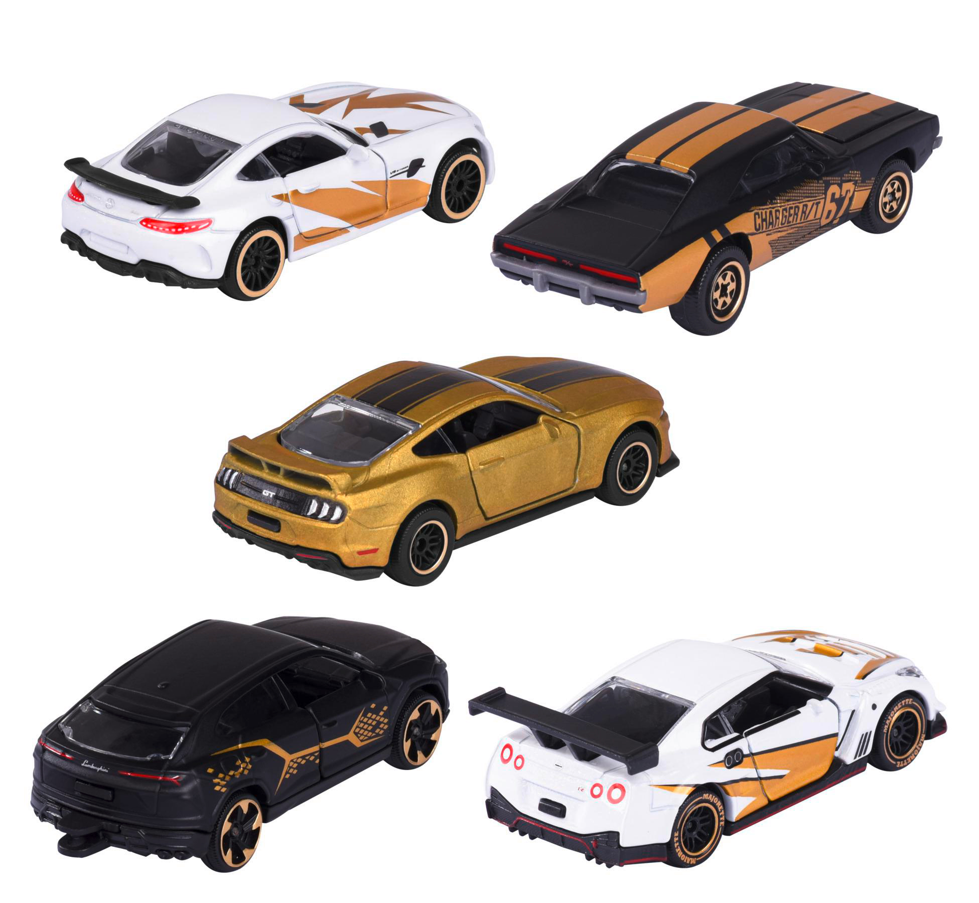 Fünf Spielzeugautos: weiß/gold, schwarz/gold, gold, schwarz und weiß/gold. Auf weißem Hintergrund angeordnet.