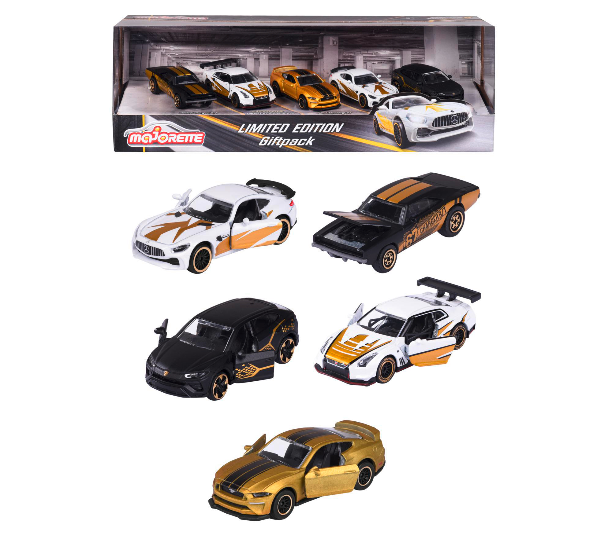 Spielzeugautos in einer Box, mit mehreren Modellen. Sie sind goldfarben, schwarz und weiß. Die Box hat ein Markenetikett.