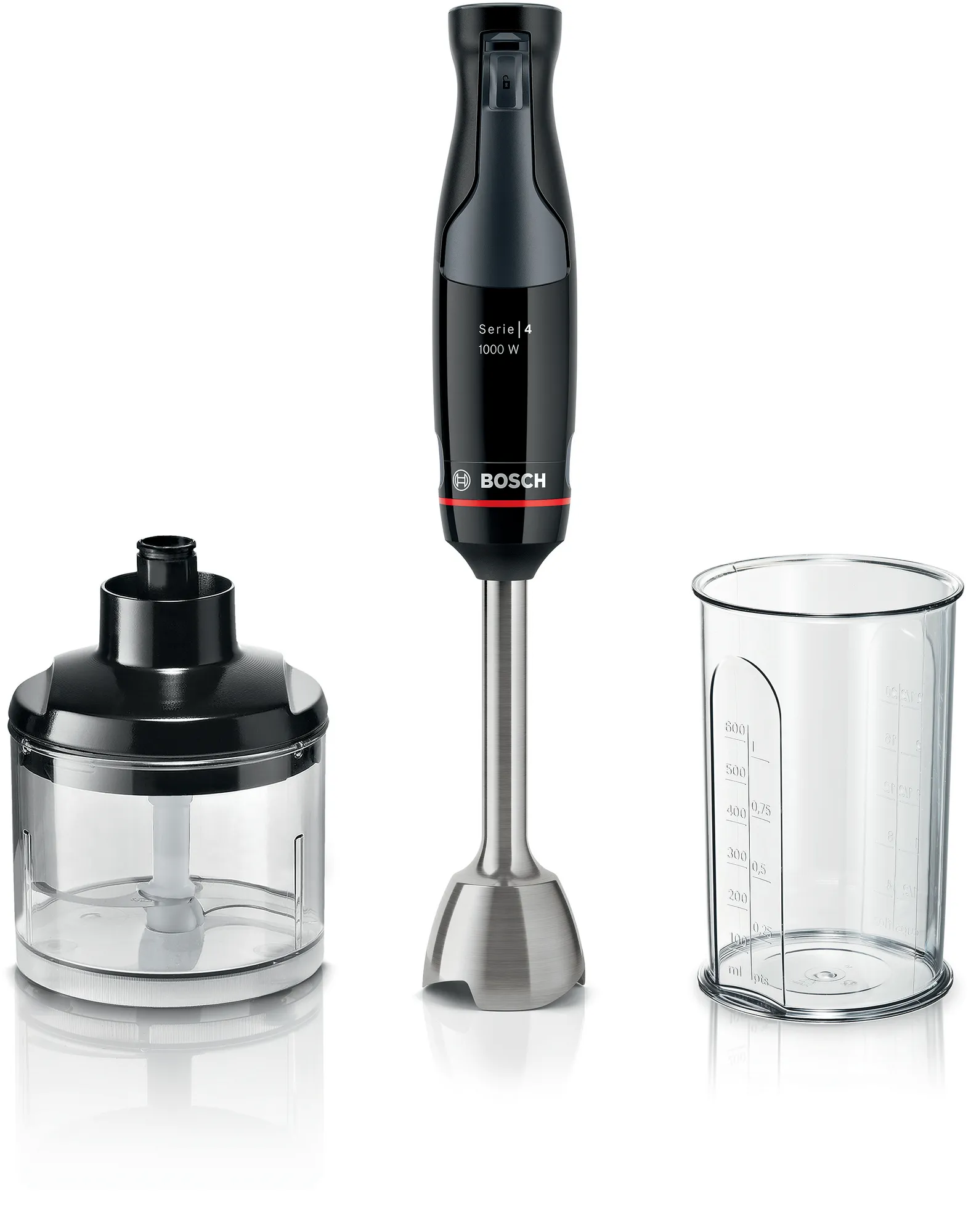 Fekete Bosch botmixer tartozékokkal: aprító és mérőpohár. Piros díszítés a testen.