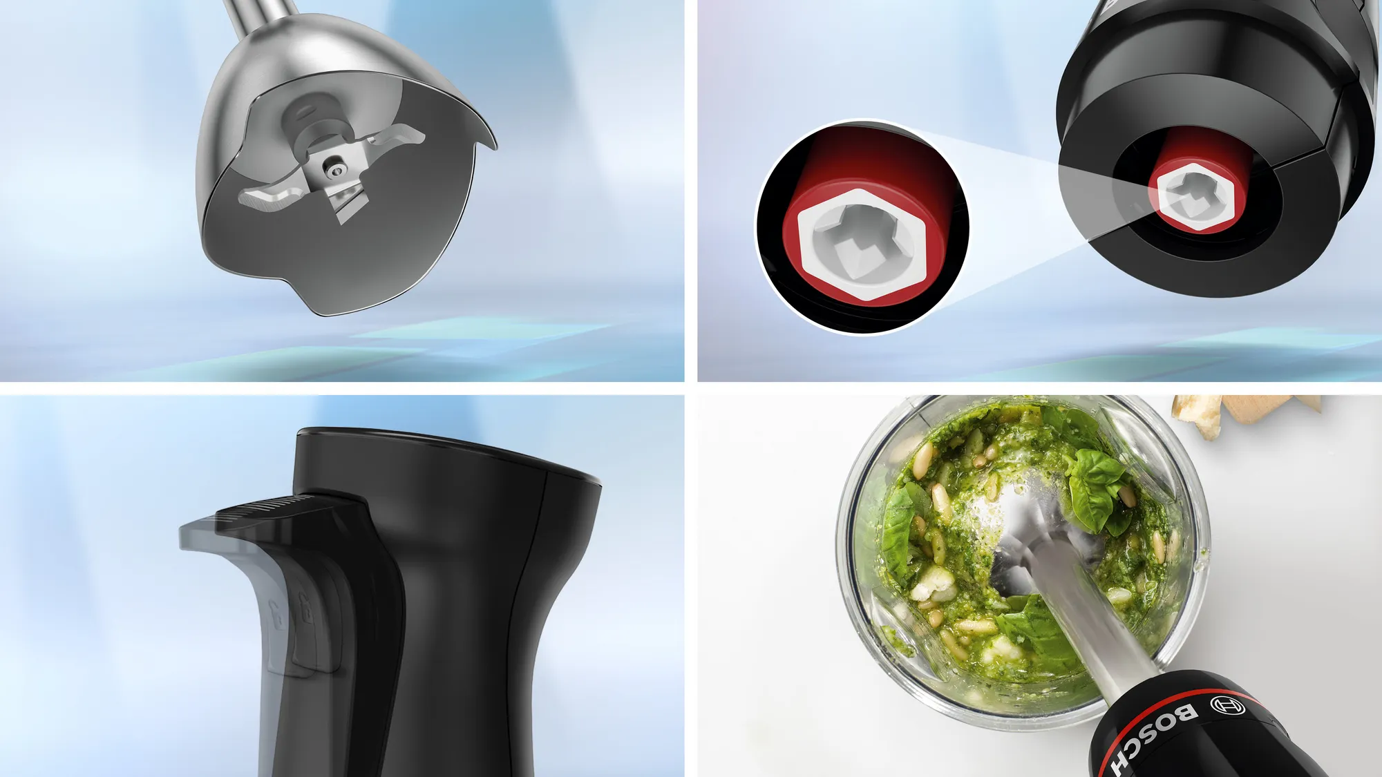 Kézi mixer közelről. Pengék, motorrészek és pesto látható.