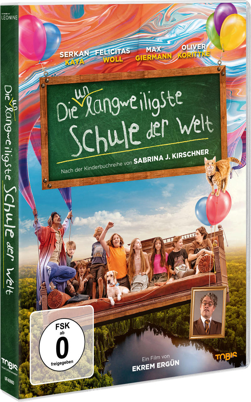 DVD-Cover: ein Film zum Thema Schule mit bunten Ballons, Kindern und einer Katze.
