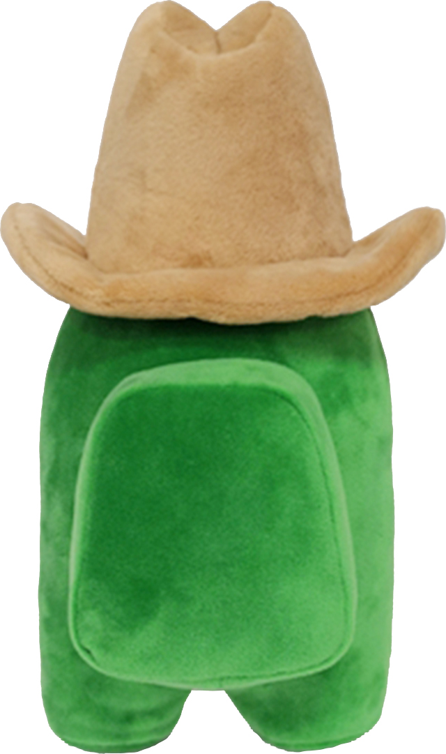 Ein grünes Among Us Plüschtier mit Cowboyhut. Weißer Hintergrund.