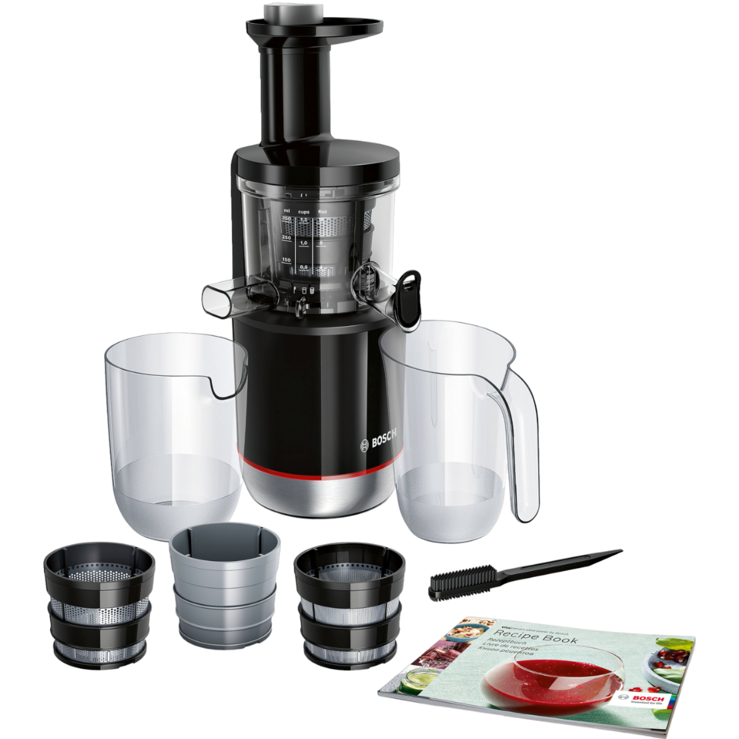 Zwarte en zilveren sapcentrifuge met containers, onderdelen en een receptenboek, allemaal op witte achtergrond.