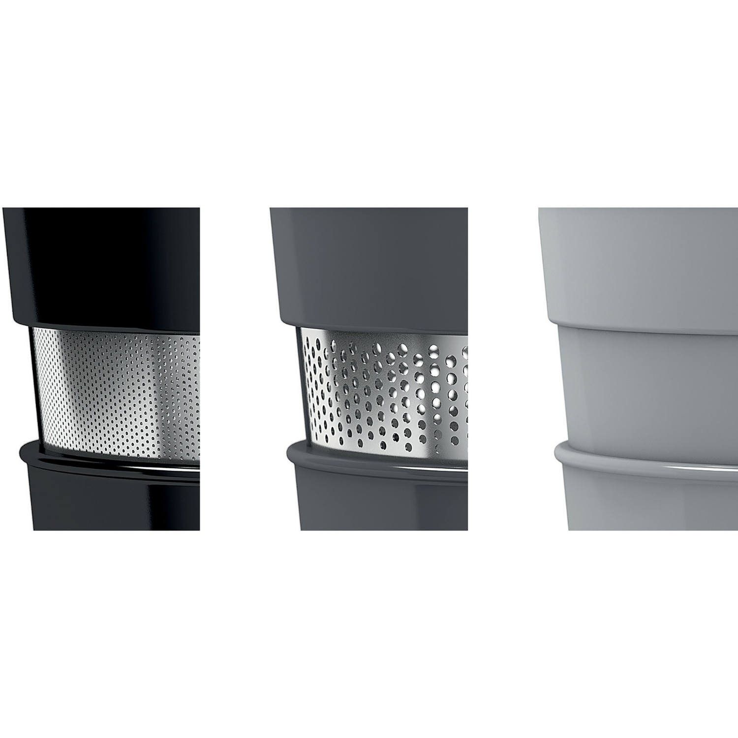 Drie metalen filters met verschillende kleurtinten, die een gedetailleerd, geperforeerd ontwerp laten zien.