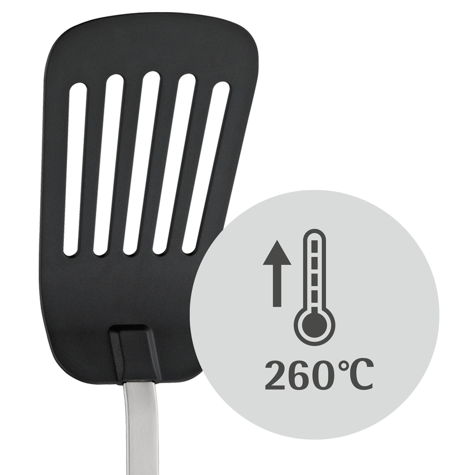 Schwarzer Pfannenwender mit Schlitzen und Temperaturanzeige-Symbol 260°C. Weißer Hintergrund.