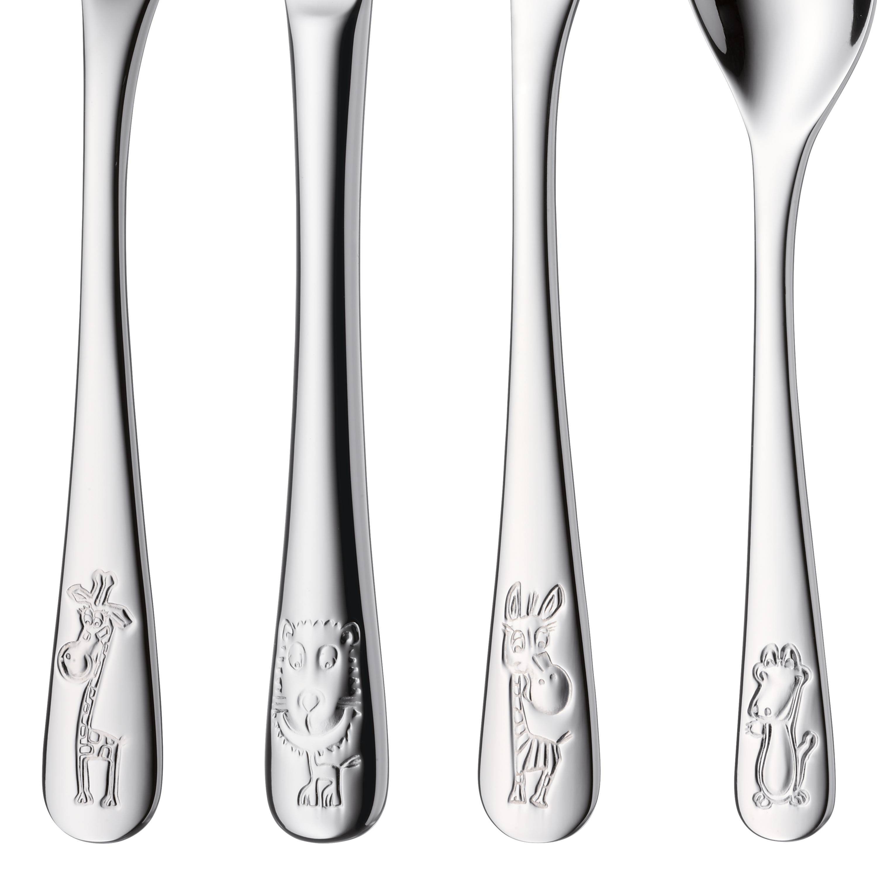 Vier Edelstahl-Löffel mit eingravierten Tierdesigns auf ihren Griffen: Giraffe, Löwe, Zebra und Nilpferd.