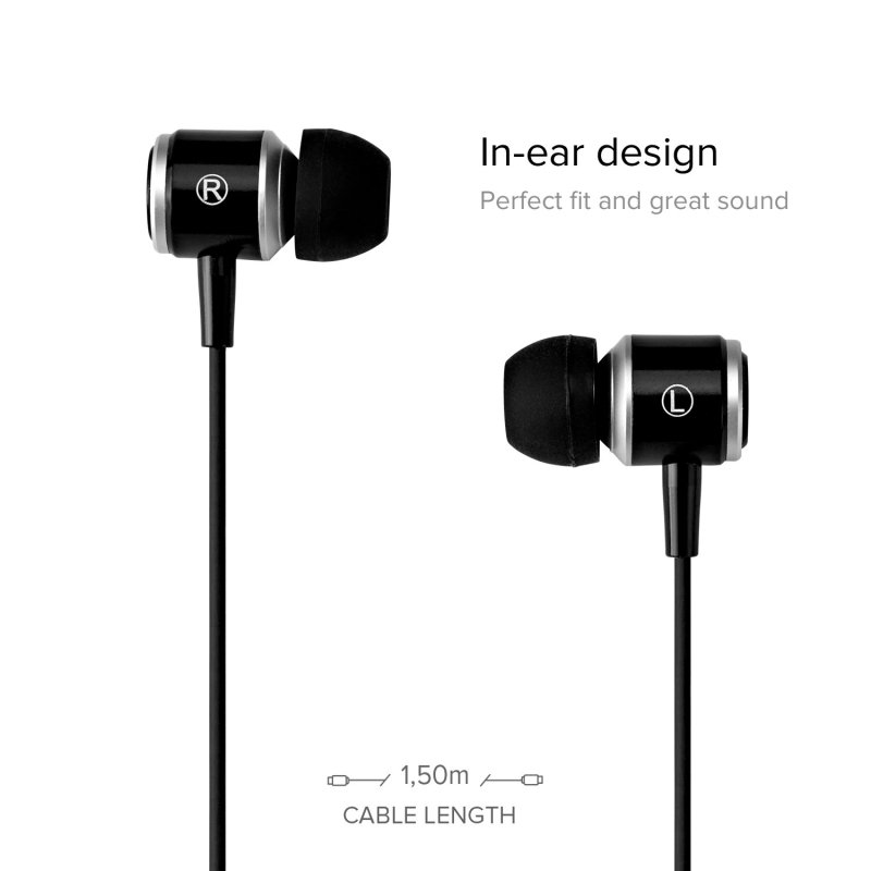 Zwei schwarze Ohrhörer werden mit einem Kabel gezeigt. Text weist auf ein In-Ear-Design, perfekte Passform und tollen Klang hin.