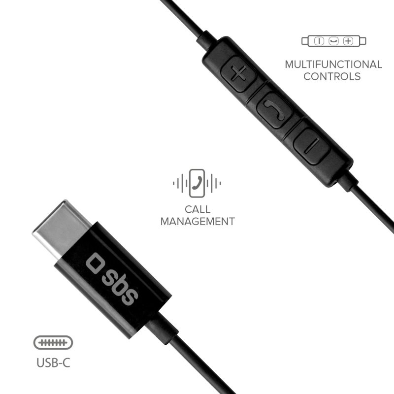 Nahaufnahme eines USB-C-Kabels und eines Bedienmoduls mit Tasten für Anrufe und Lautstärkeregelung.