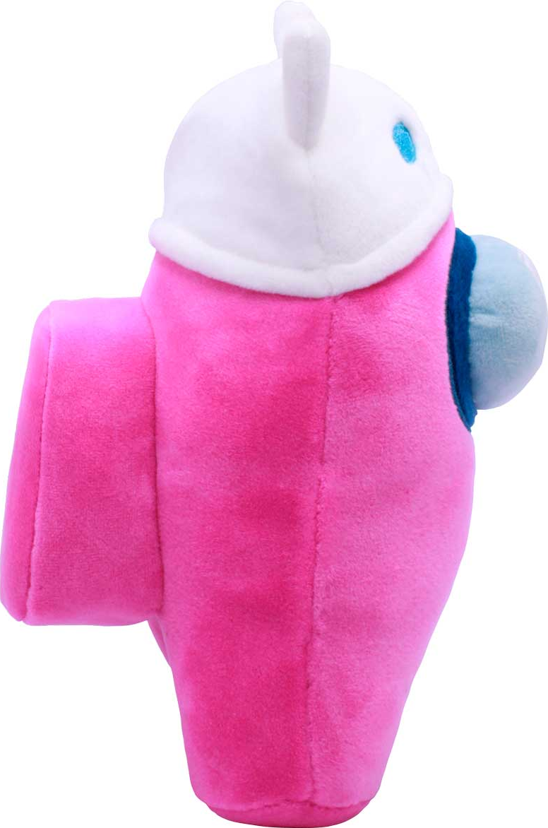 Rosa Among Us-Plüschtier mit weißem Hut. Es hat ein blaues Visier und einen Rucksack. Der Hintergrund ist weiß.