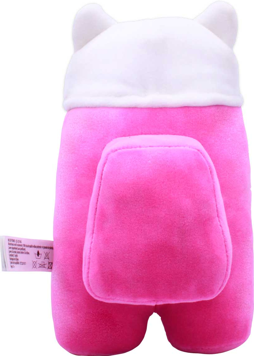 Ein pinkfarbenes Among Us-Plüschtier mit weißem Hut vor weißem Hintergrund.