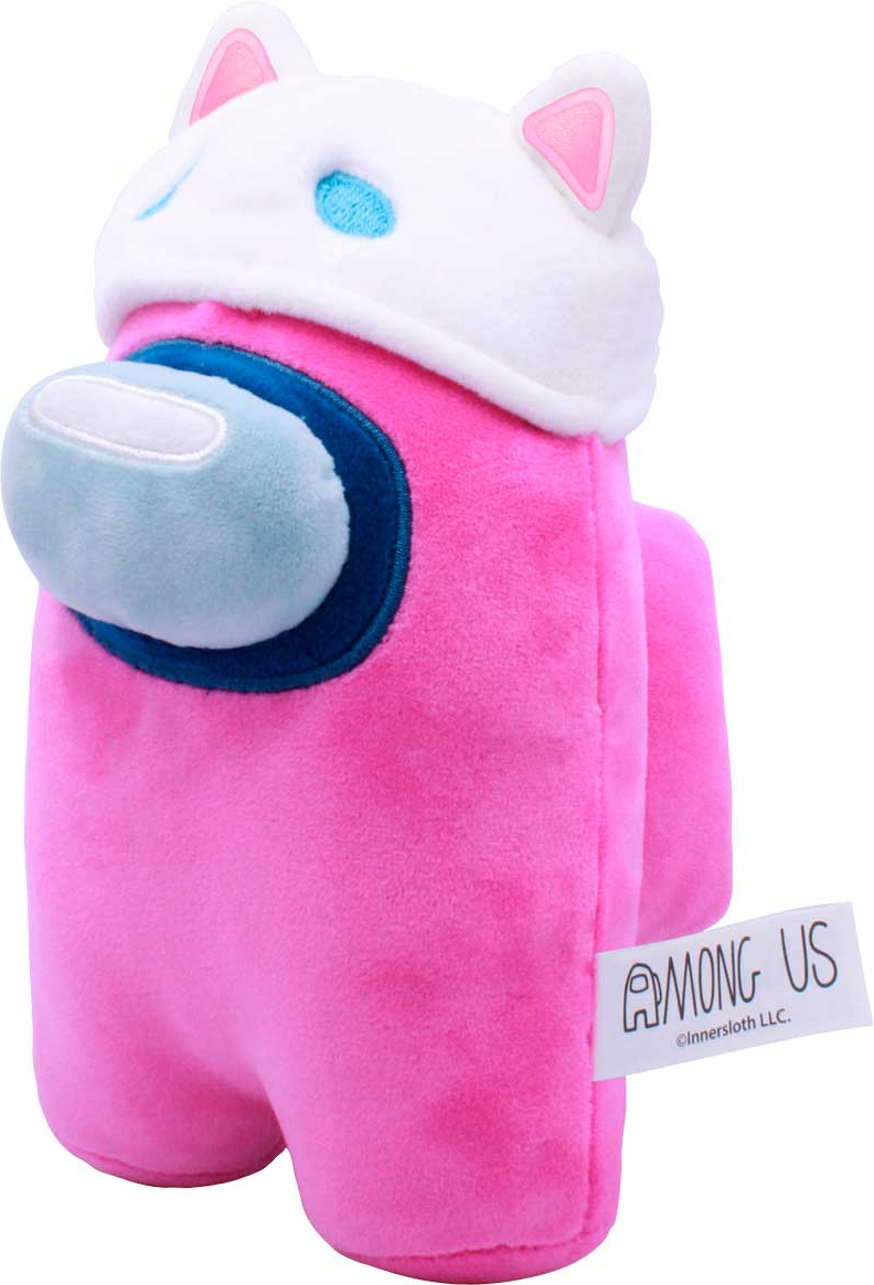 Pinkes Among Us Plüschtier mit Katzenhut. Stofftier mit dem Charakterdesign des Spiels und einem weißen Anhänger.