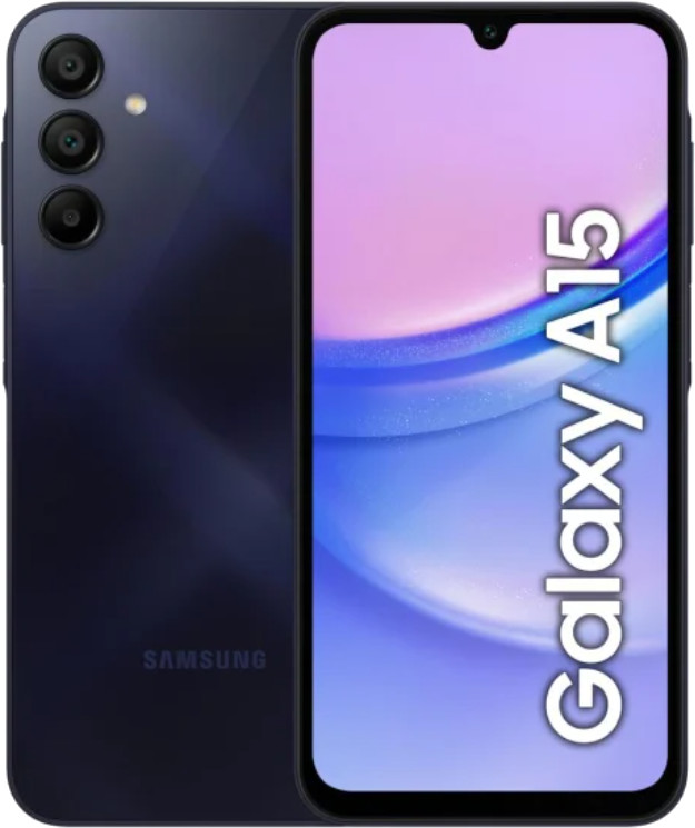 Czarny i niebieski smartfon z potrójnym aparatem i tekstem 'Galaxy A15'.