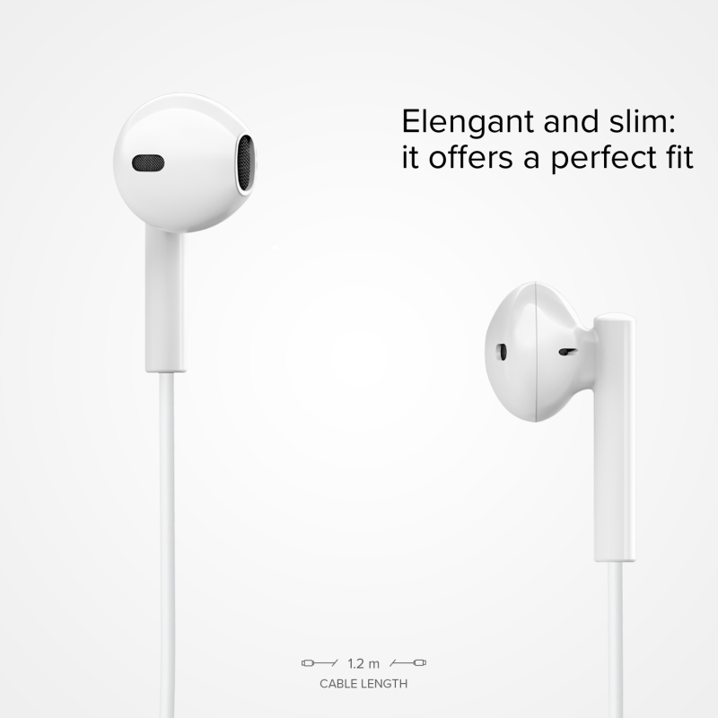 Weiße Ohrhörer mit Kabel. Der Text lautet: „Elegant und schlank: es bietet eine perfekte Passform“.