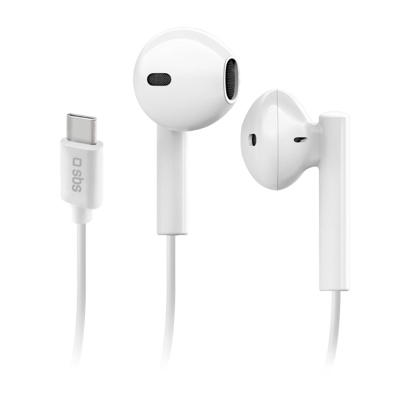 Weiße Ohrhörer mit Kabel und USB-C-Anschluss.