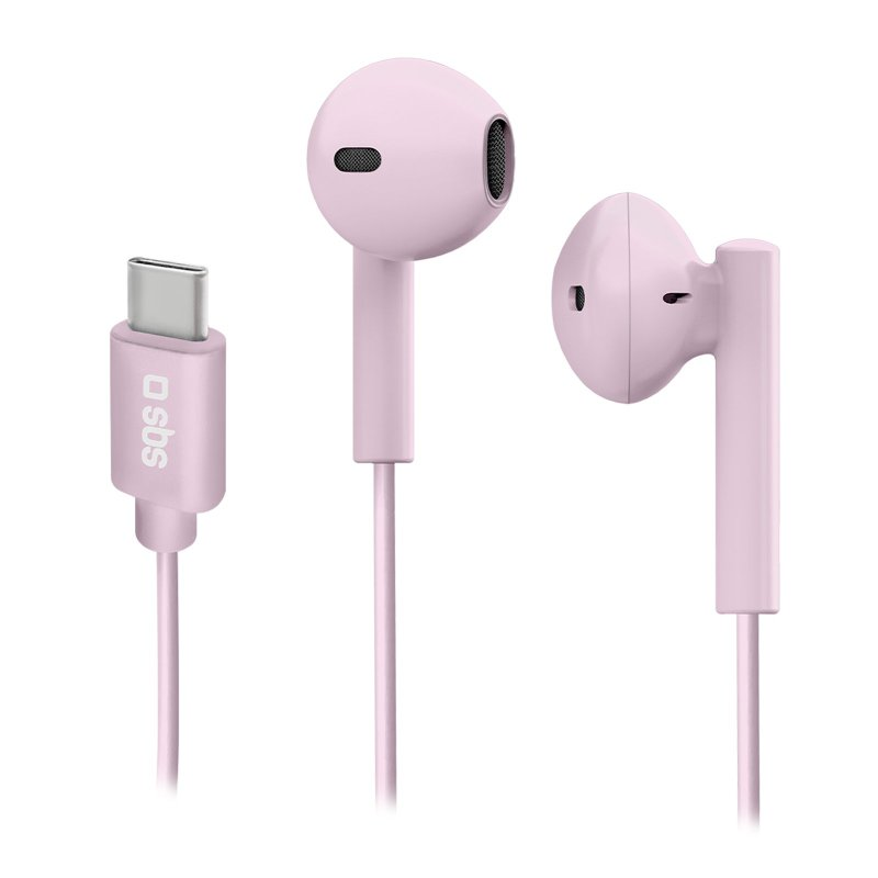 Rosa Ohrhörer mit USB-C-Anschluss. Weißer Hintergrund.