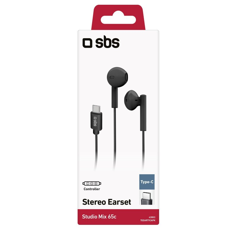 Kopfhörer in einer Box, schwarz mit USB-C-Anschluss und Controller.