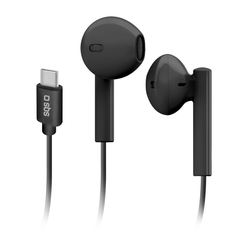 Nahaufnahme von schwarzen Ohrhörern mit USB-C-Anschluss. Die Ohrhörer sind schwarz und haben ein schlankes Design.
