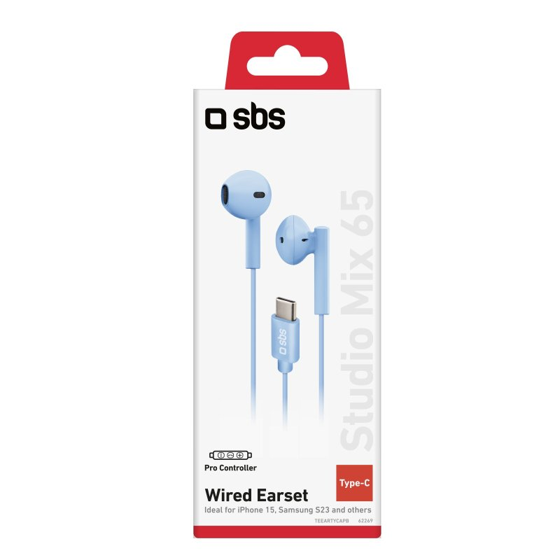 Schachtel mit blauen kabelgebundenen Ohrhörern mit Typ-C-Anschluss und dem Text "Wired Earset".