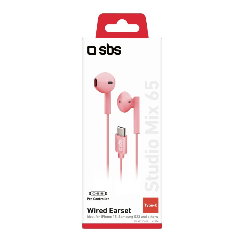 Rosa kabelgebundenes Headset in einer Box mit Typ-C-Anschluss.