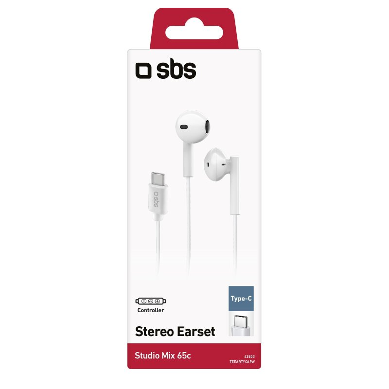 Eine weiße Box mit weißen Ohrhörern und einem Typ-C-Kabel. Die Box hat den Markennamen „sbs“ und „Stereo Earset“.