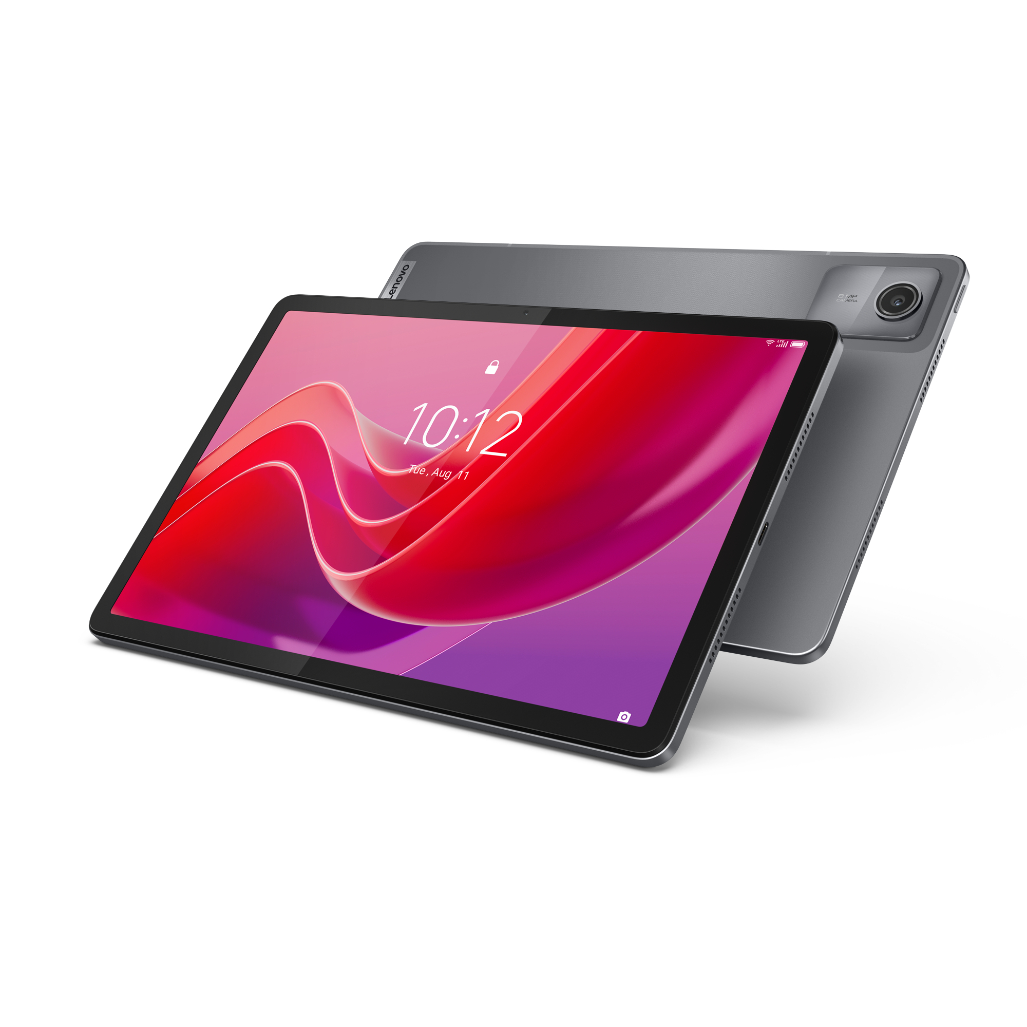 Ein graues Tablet mit einem Sperrbildschirm, der die Uhrzeit und das Datum anzeigt.