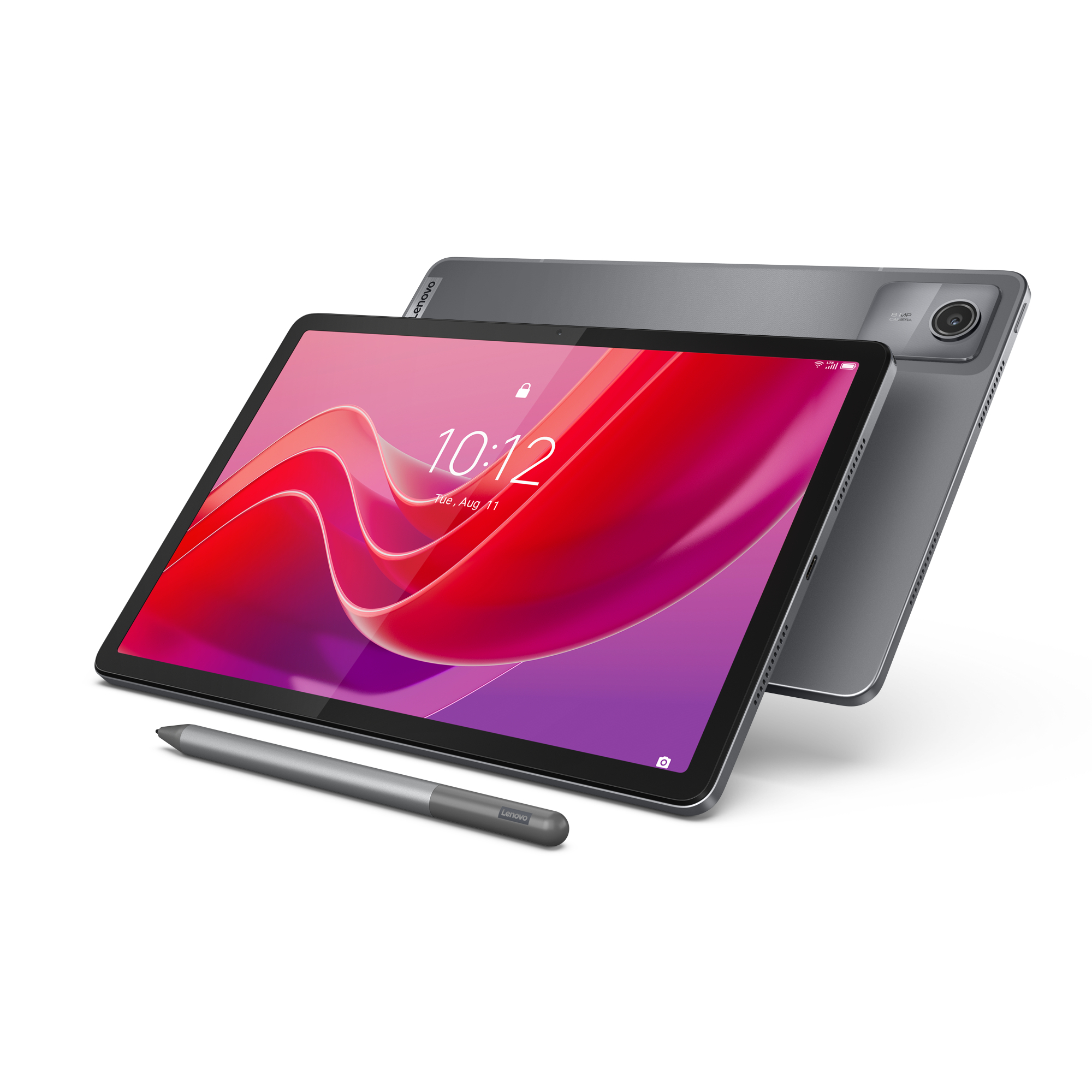 Graues Tablet, Stift und ein weiteres Tablet dahinter. Roter und pinker Bildschirm.