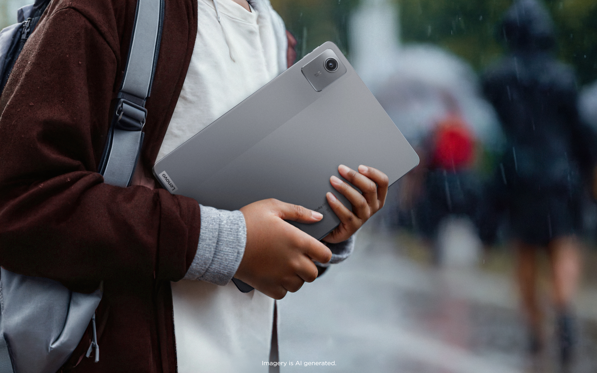 Person hält graues Tablet vor verschwommener Außenszene, wahrscheinlich Regen.