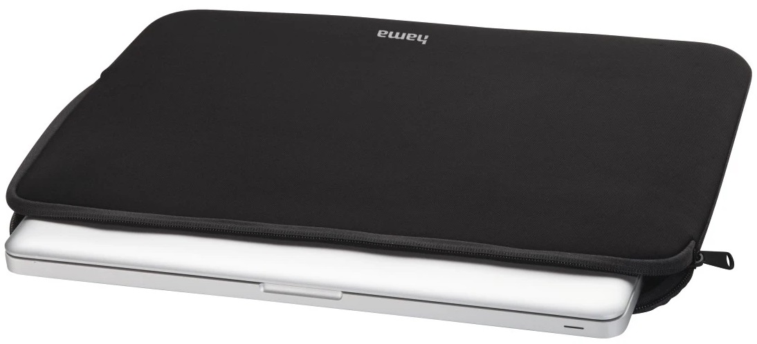 Czarne etui na laptopa, z laptopem częściowo w środku, z zamkiem błyskawicznym.