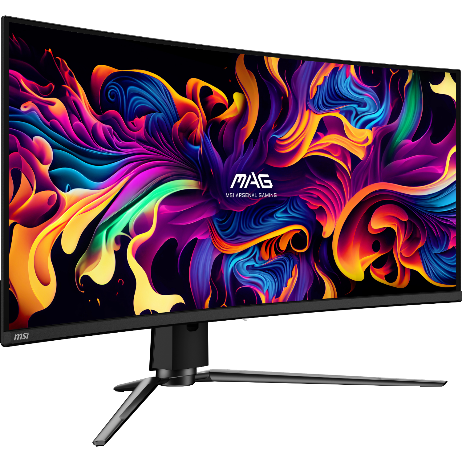 Gebogen MSI monitor met kleurrijke abstracte kunstweergave. Zwart frame, gebogen scherm en standaard. Het scherm staat aan.