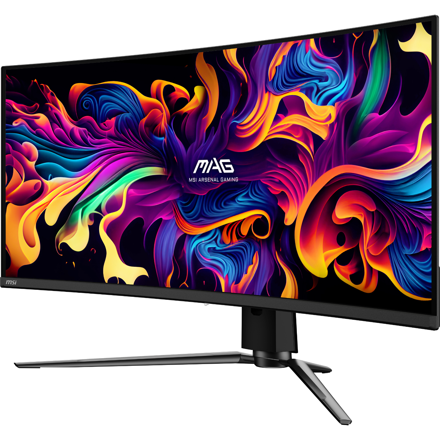 Gebogen gamingmonitor. Kleurrijke abstracte kunst op het scherm. Zwarte standaard.