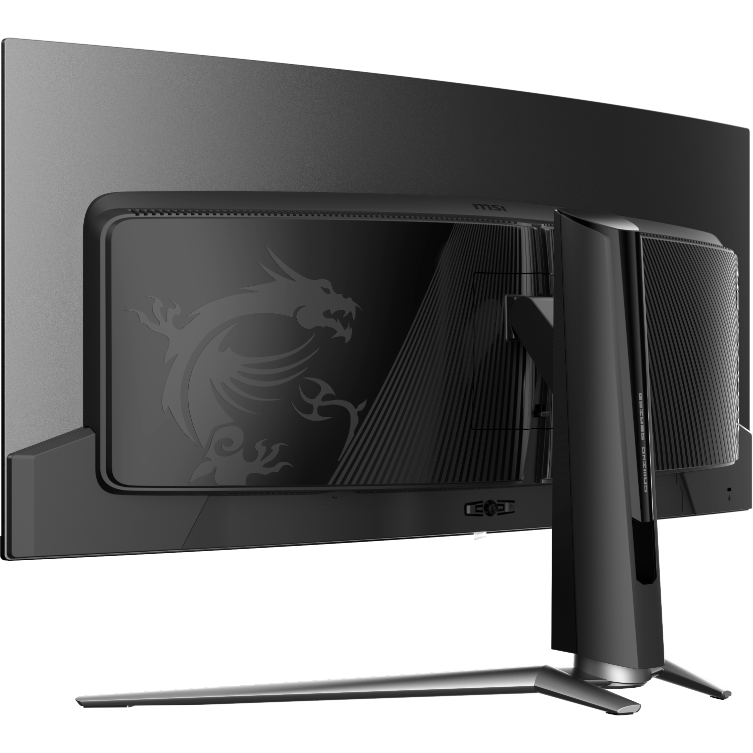 Achterkant van de MSI gaming monitor. Het is een zwarte monitor met een drakenlogo en een zilveren standaard.