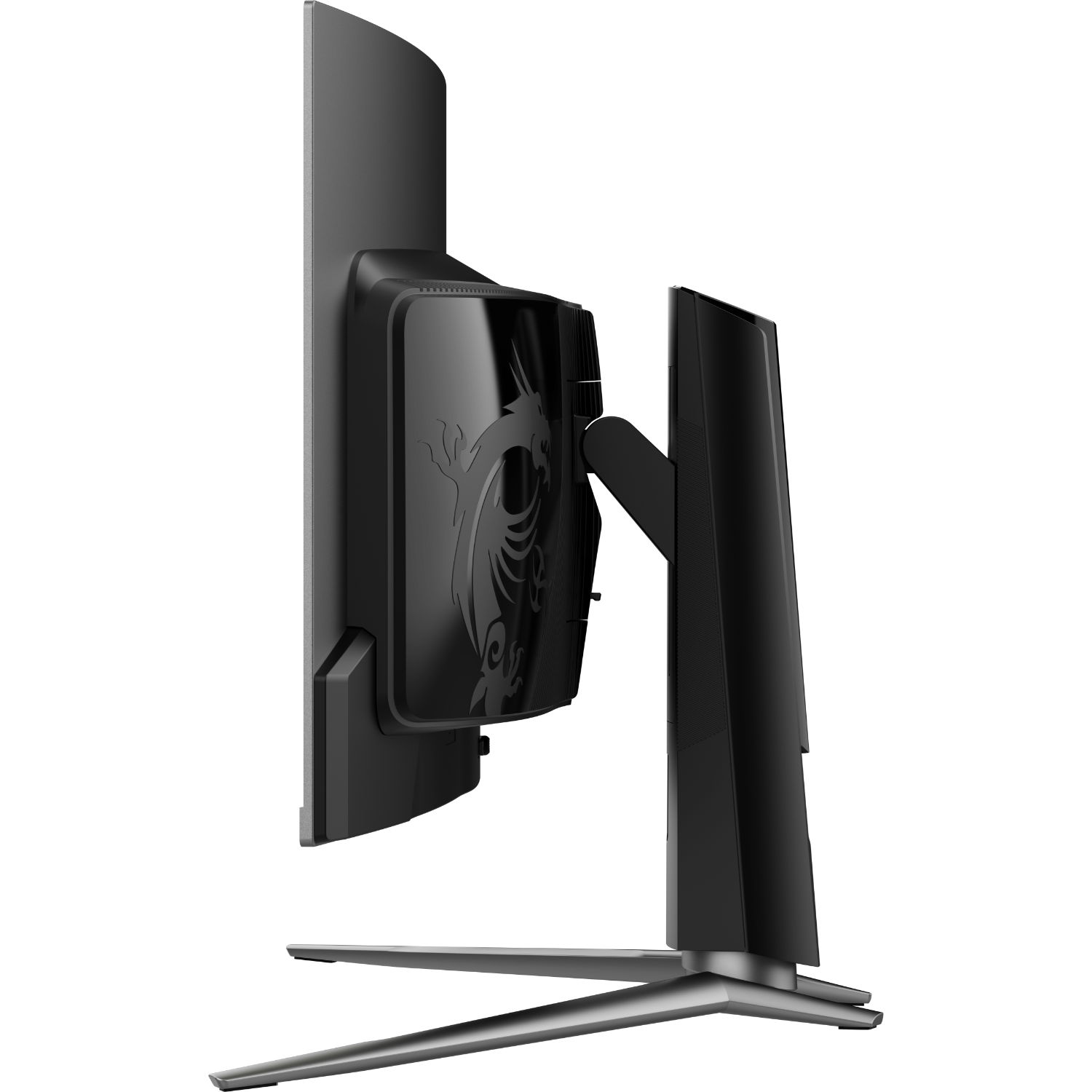 MSI gaming monitor, zwart, gebogen scherm, achteraanzicht. De standaard is zilver.