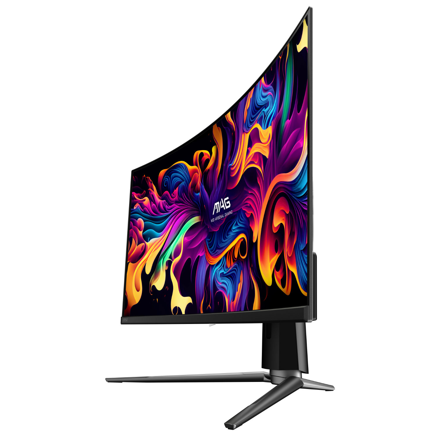 Gebogen gaming monitor met kleurrijk abstract display.